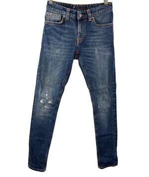 NUDIE Blue Jeans Organic Cotton Denim Distressed Skinny Leg Zip Fly Size 27x30
